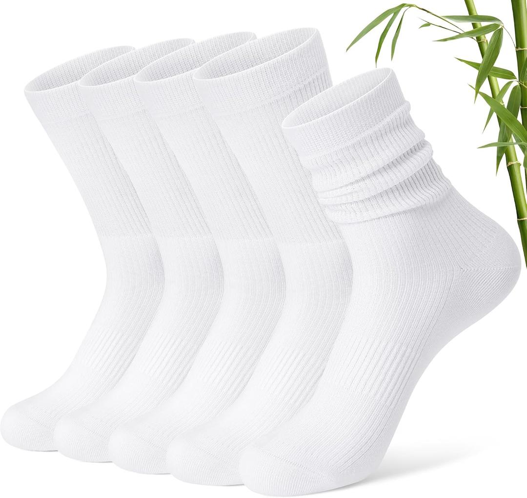 FITRELL Women's Soft Bamboo Rayon Dress Socks, Thin Breathable Calf Crew Scrunch Socks for Casual Trouser 5 Pairs (White, M)