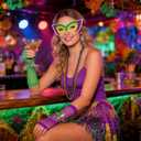 8Pcs Mardi Gras Outfit Accessories Set for Women Mardi Gras Costumes Tassel Sequins Fringe Skirt Beads Necklace Earrings Mask Fishnet Gloves Bracelet Purple