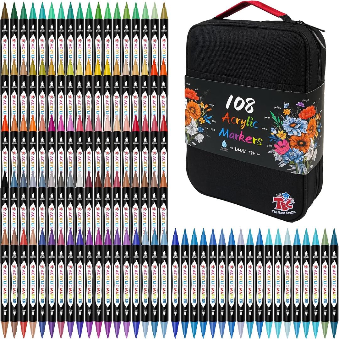 TBC The Best Crafts 108 Colors Dual Tip Acrylic Paint Markers, Double Zipper Design Topgrade Canvas Bag, Waterproof, Non-Toxic, Odorless, Suitable for Paper, Pottery, Stones, Glass, Outdoor Painting