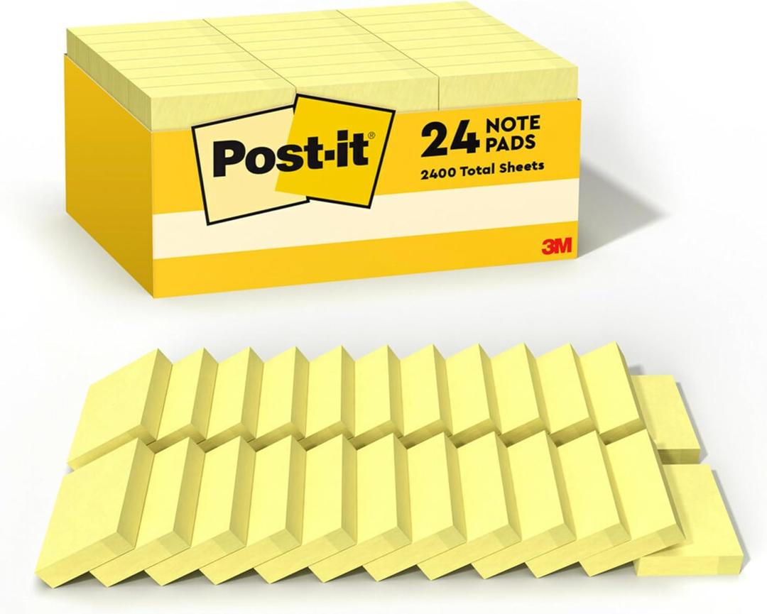 Post-it Notes, 1/3/8 x 1 7/8 in, 24 Sticky Notes Pads, 100 Sheets per Pad, Canary Yellow, The Original Post-it Note, School Supplies and Oce Products