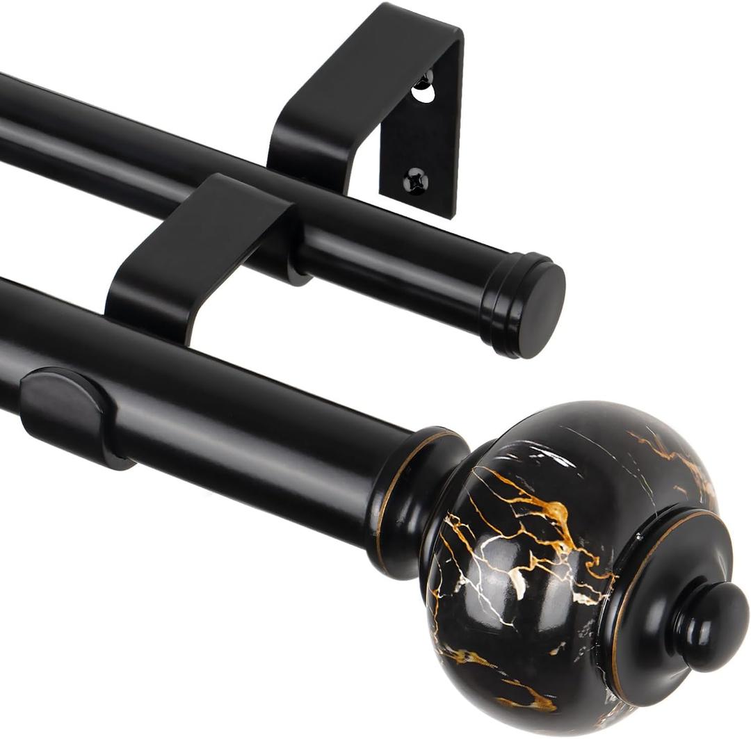 KAMANINA 1 Inch Double Curtain Rod 72 to 144 Inches (6-12ft) Black Telescoping Curtain Rods for Windows, Heavy Duty Dual Drapery Rods with Marbled Finials