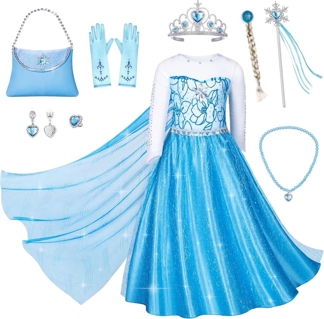 Blue Princess Costumes for Little Girls Dress Up Birthday Party with Accessories (8-9 Years)