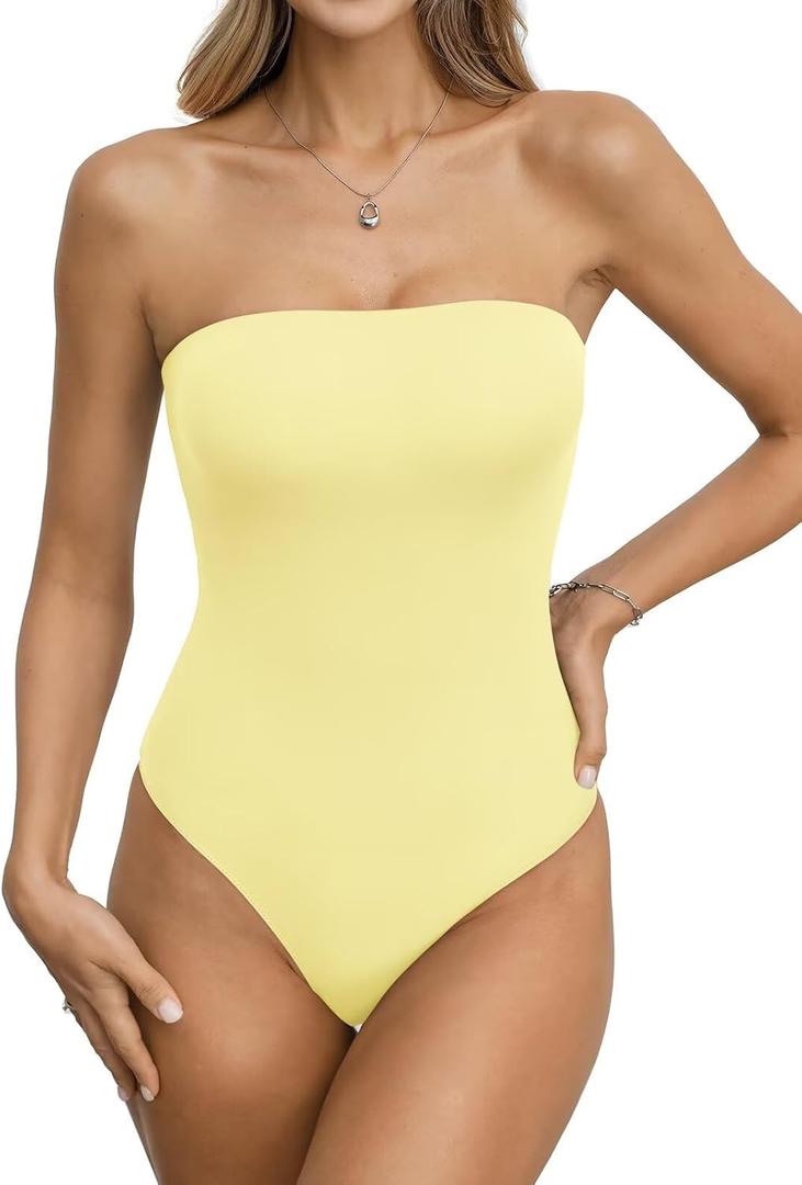 EasyGala Womens Double Lined Strapless Bodysuits Tube Tops Sexy Non-Padded Bandeau Tops Summer Going Out Thong Bodysuits Backless Tank Top Y2K Fashion Clothes, L
