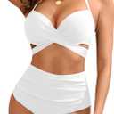 High Waisted Underwire Bikini Sets - Women 2025 Two Piece Swimsuits Halter Bathing Suits with Tummy Control Bottom (White, L)