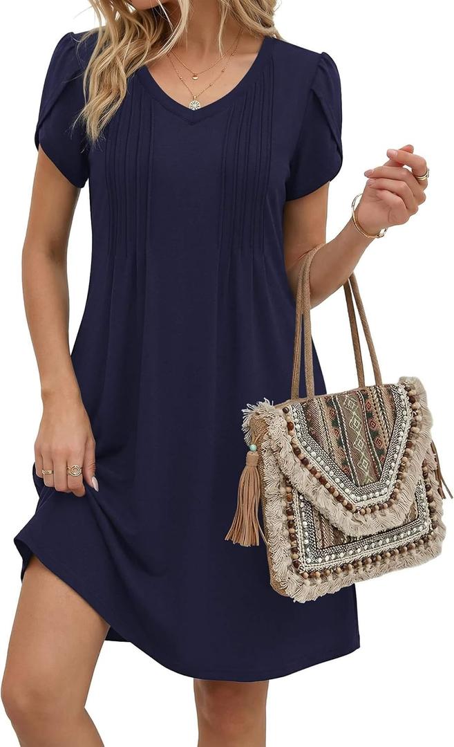 Zeagoo Summer Dresses for Women Casual A Line Dress 2026 V Neck Short Dresses Floral Sundress Pleated Boho Dress (M)