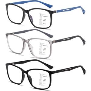 3 Pack Progressive Reading Glasses Men Near-range Workspace Sport Blue Light Blocking Reader TR90 Spring Hinge