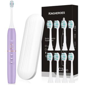 kingheroes Electric Toothbrush Set, Comes with 8 Brush Heads & Travel Case,4 Modes with 2 Minutes Built in Smart Timer, One Charge for 60 Days, 42000 VPM Motor (Purple)
