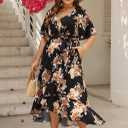 Keluummi Plus Size Summer Wedding Guest Maxi Dress for Curvy Women, V Neck 3/4 Sleeve Empire Waist A Line Floral Long Dress (Black, L)
