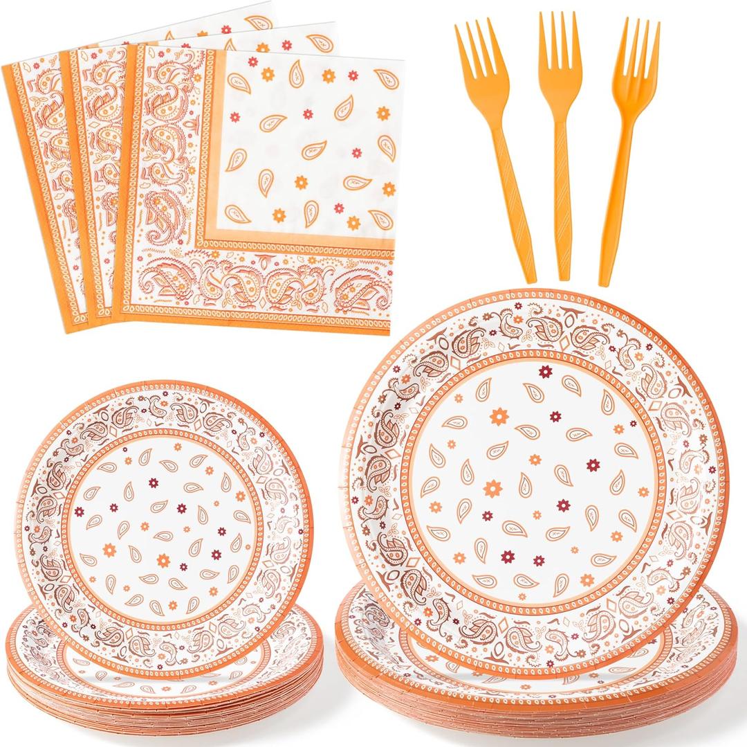 2 x K1tpde Fall Bandana Party Tableware - 96PCS Cholo Gangsta Theme Orange Paper Plates Set Disposable Dinnerware Paper Napkins Forks for Western Cowboy Autumn Birthday Party Supplies Decoration, 24 Guest