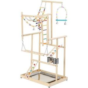 Navaris Wooden Parrot 4-Tier Playpen - Vibrant Budgie Playground with Parrot Stand Ladder Toys and Accessories - Bird Play Stand - Budgie Perch for Fun, 48.5L x 35W x 97H cm