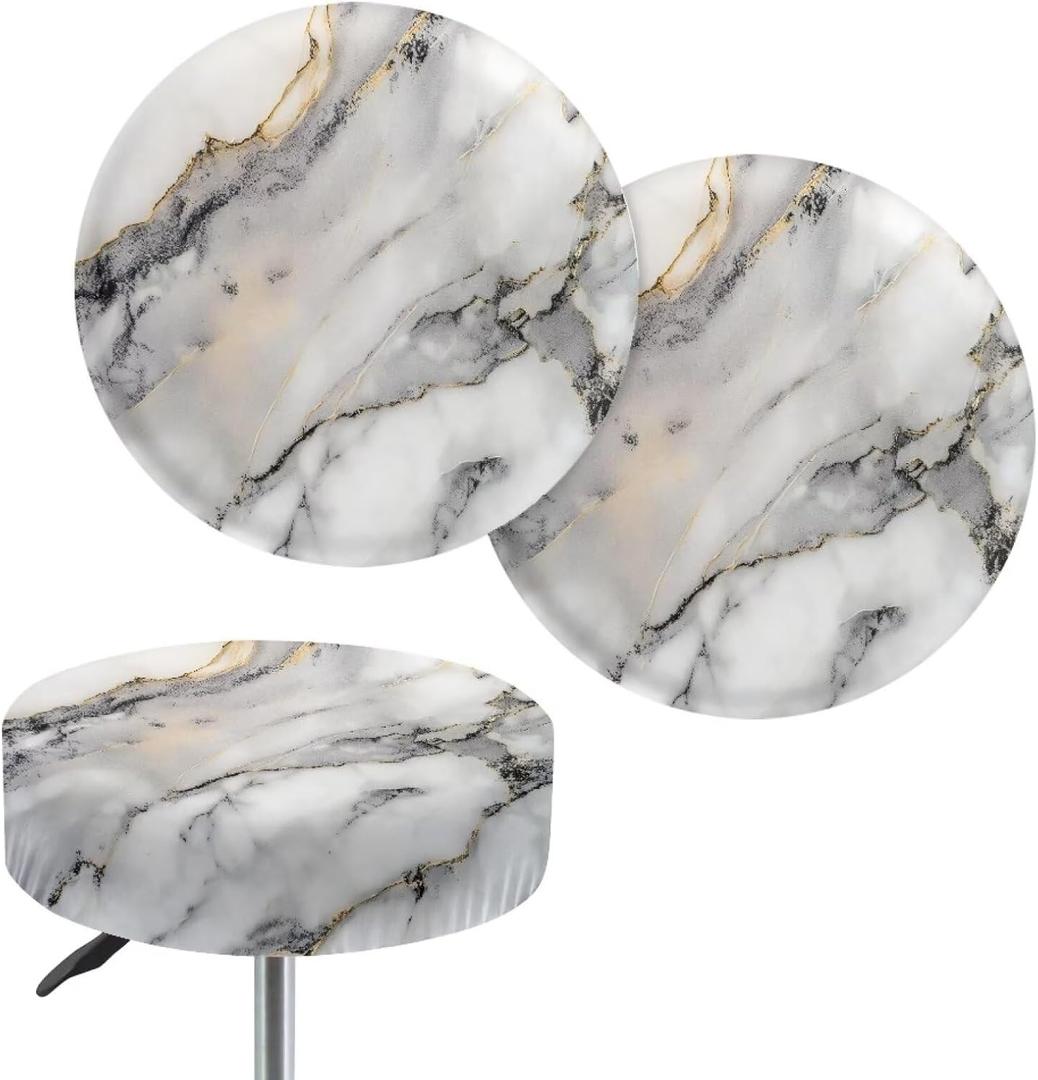 White Marbles Bar Stool Covers Round, Elastic Stool Cushion Cover Stool Slipcover Soft Bar Chair Covers Non Slip Stool Seat Covers Vanity Stool Cover, Easy to Clean (Large)