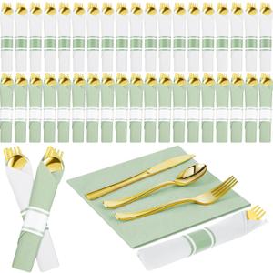Lasnten 50 Pack Pre Rolled Gold Plastic Silverware Set Disposable Wrapped Plastic Cutlery Set Include Sage Green and White Napkins Knives Spoons and Forks for Wedding Birthday Party Supplies