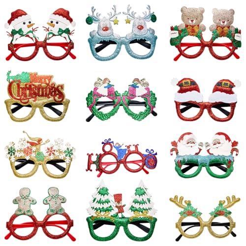 Tretdaity 12Pcs Christmas Glasses Glitter Party Decorations, Christmas Party Favors Eyeglasses Frames for Adults, Christmas Accessories for Photo Props Fun Christmas Gifts
