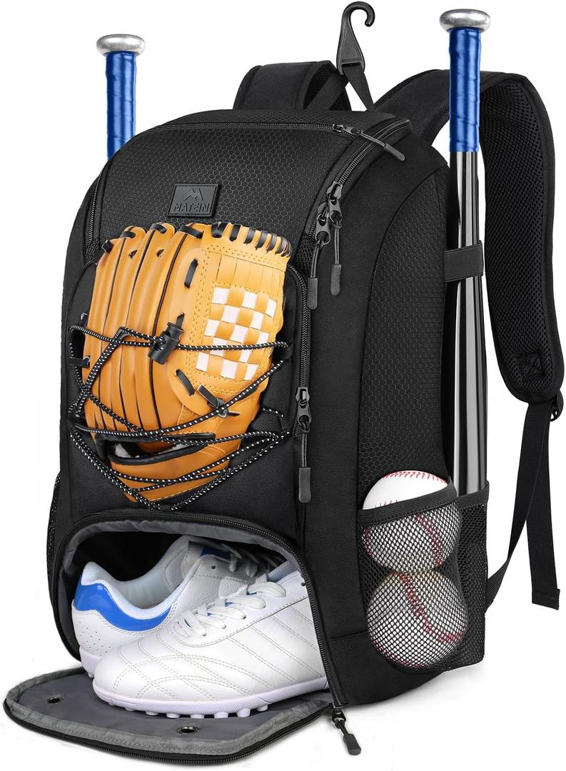 MATEIN Baseball Backpack, Softball Bat Bag with Shoes Compartment for Youth, Boys and Adult, Lightweight Baseball Bag with Fence Hook Hold TBall Bat, Batting Mitten, Helmet, Caps, Teeball Gear (29L, Black)