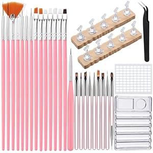 Quaferen Nail Brushes for Nail Art 39PCS Nail Brush Tools Set with Nail Stand Holder 2-in-1 Nail Art Palette Professional Acrylic Nail Brushes Kit for Beginners Home Salon