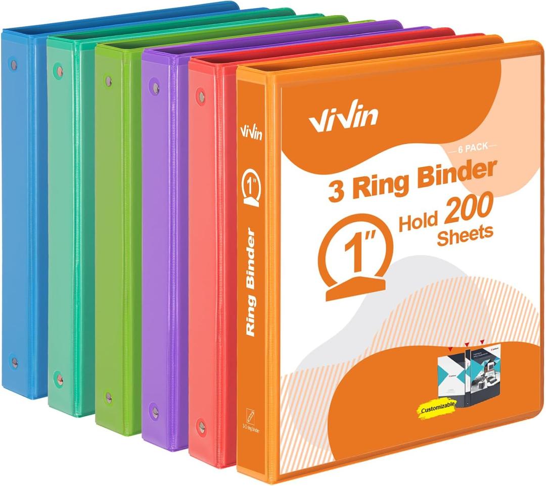 ViVin 1 Inch Round Ring View Binder for Durability, Standard 3 Ring Binder for 200 Sheets of US Letter Size Paper, PVC-Free, 6-Pack (Assorted)