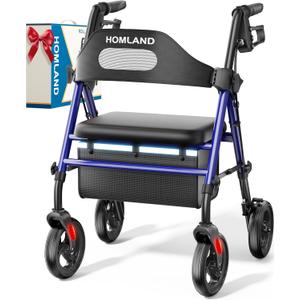 Foldable Rollator Walkers with Seat for Seniors, 8'' Big Wheels, 350 lb. Weight Capacity, Adjustable Handles and Seat Height, Lightweight Rolling Walker, Blue