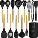 oannao Silicone Cooking Utensils Set - 446°F Heat Resistant Silicone Kitchen Utensils for Cooking,Kitchen Utensil Spatula Set w Wooden Handles, BPA FREE Gadgets for Non-Stick Cookware (Black)