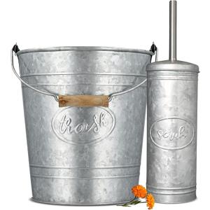 Autumn Alley Farmhouse Bathroom Trash Can and Toilet Brush Set - Rustic Bathroom Accessories for Charming Bathroom Décor, Galvanized, Grey
