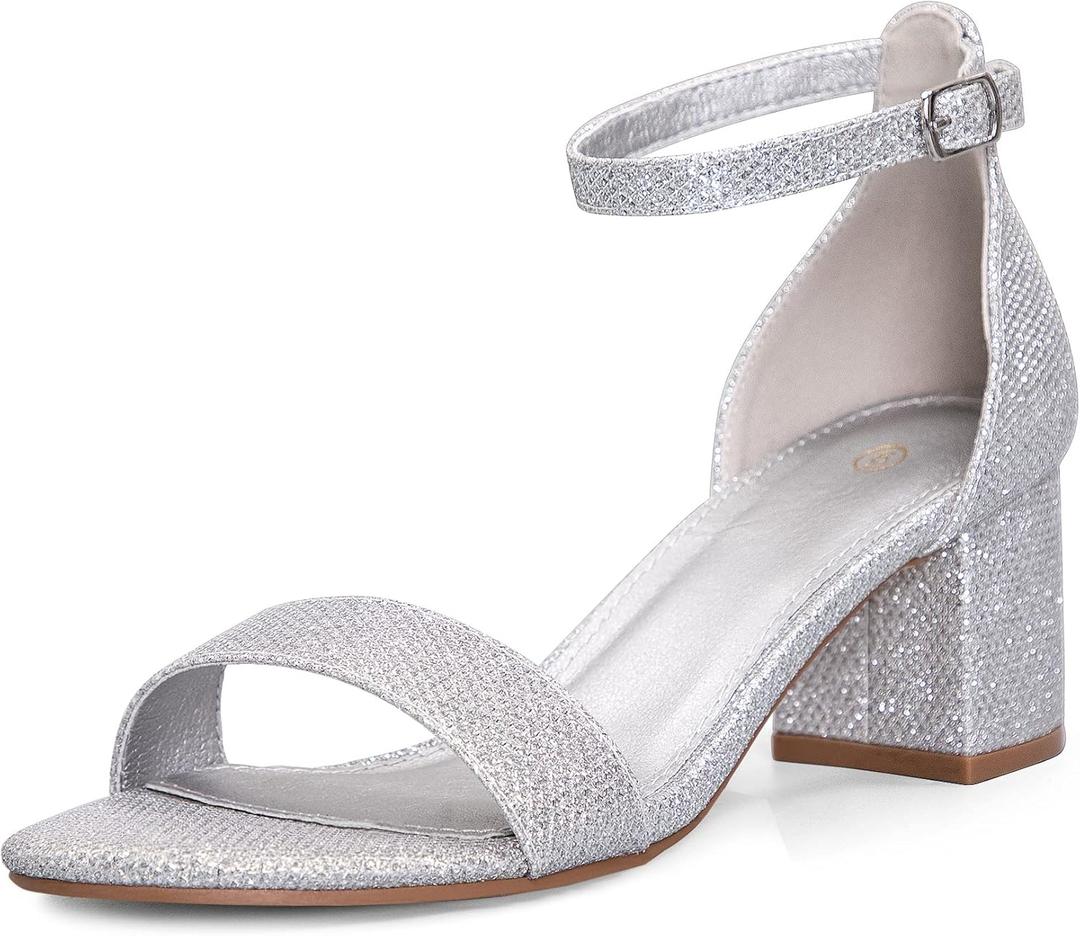 mysoft Women's Chunky Low Heels Open Toe Block Heeled Dress Ankle Strap Pump Wedding Sandals, 6 Wide, Silver Glitter