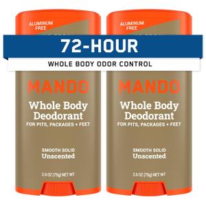 Mando Whole Body Deodorant For Men - Smooth Solid Stick - 72 Hour Odor Control - Aluminum Free, Baking Soda Free, Skin Safe - 2.6 Ounce (Pack of 2) - Unscented