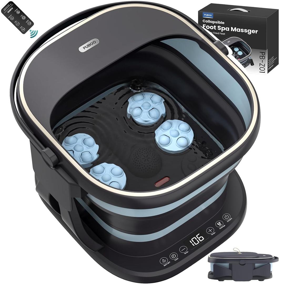 Puboo Collapsible Foot Spa Bath Massager with Heat, 95-115F Precise Temp Control, Motorized Massage Rollers, Heated Foot Bath Soak Tub, Fits US Mens Size 11, Gift for New Year (Dark Blue)