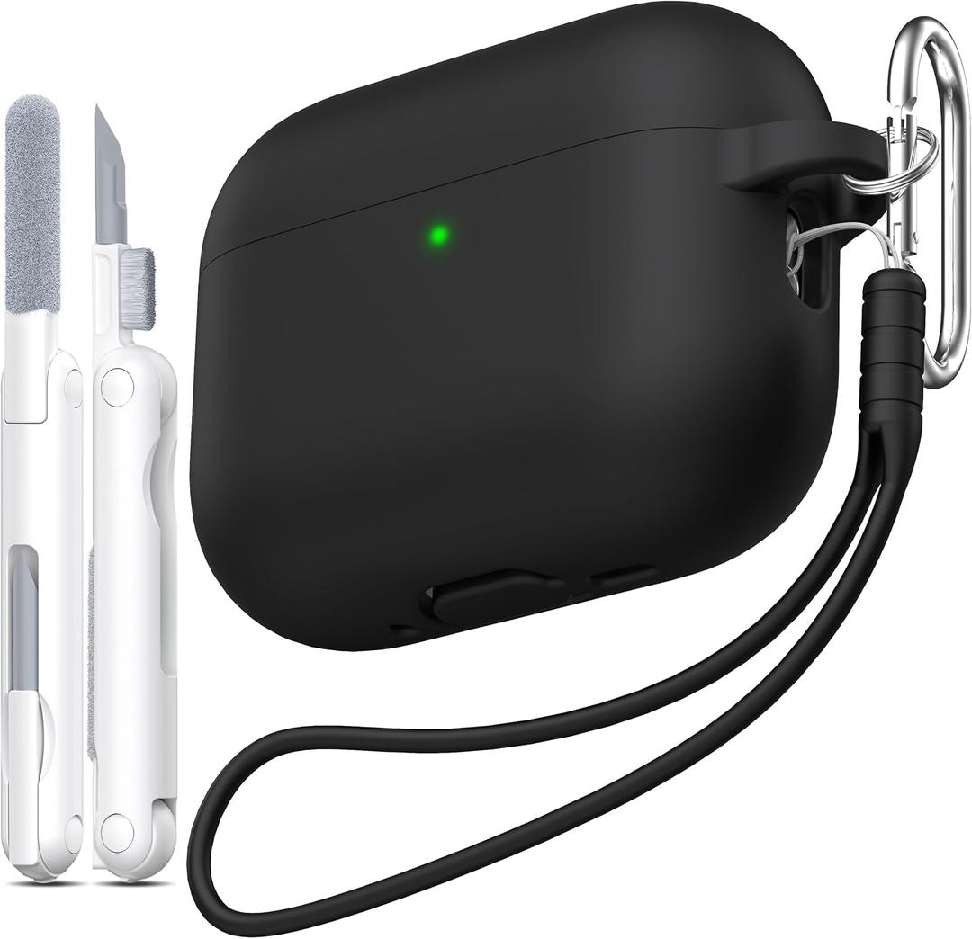 for AirPods Pro 3 Case 2025, Military Grade Soft Silicone Shock-Absorbing for AirPods Pro 3rd Generation (USB-C Cable) with Lanyard and Cleaning Kit,Front LED Visible, Black