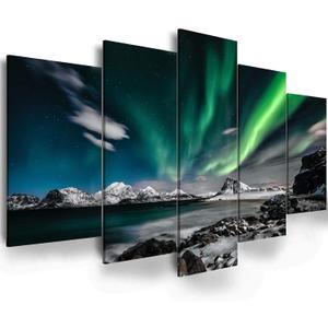 EPHANY Green Sky Night Painting - 5 Pieces Wall Art Art - Aurora Scenery Painting on Canvas Landscape Stretched and Framed Canvas Paintings Ready to Hang for Home Decorations Wall Decor, 40"x20"