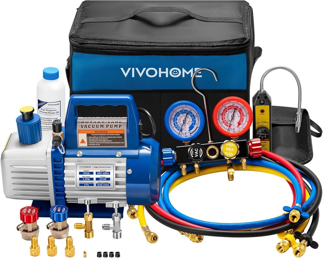 VIVOHOME Upgraded 4CFM 1/3 HP 1-Stage HVAC Vacuum Pump and 4 Way AC Manifold Gauge Set with Leak Detector, 5ft Hoses & Accessories for R134a R12 R22 R502 R410a Automotive Air Conditioner Maintenance