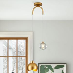 2 - Light Modern Pendant Light with Crystal Accent, Gold Pendant Light Hallway, Unique Hanging Light Fixture for Entryway Bedroom Kitchen Island