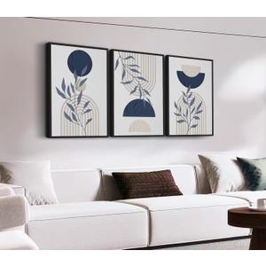 Large Framed Boho Wall Art, Mid Century Botanical Line Art, 16"x24"x3 | Blue Gray Abstract Canvas Prints, Modern Minimalist Geometric Pictures for Living Room Bedroom Kitchen Office Decor