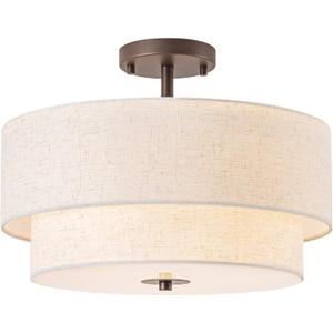 Bargeni 16" Semi Flush Mount Ceiling Light, 3-Light Drum Ceiling Light Fixture, Oil Rubbed Bronze with Double Linen Fabric Shade, Modern Light Fixtures Ceiling Mount for Bedroom, Living Room, Entryway