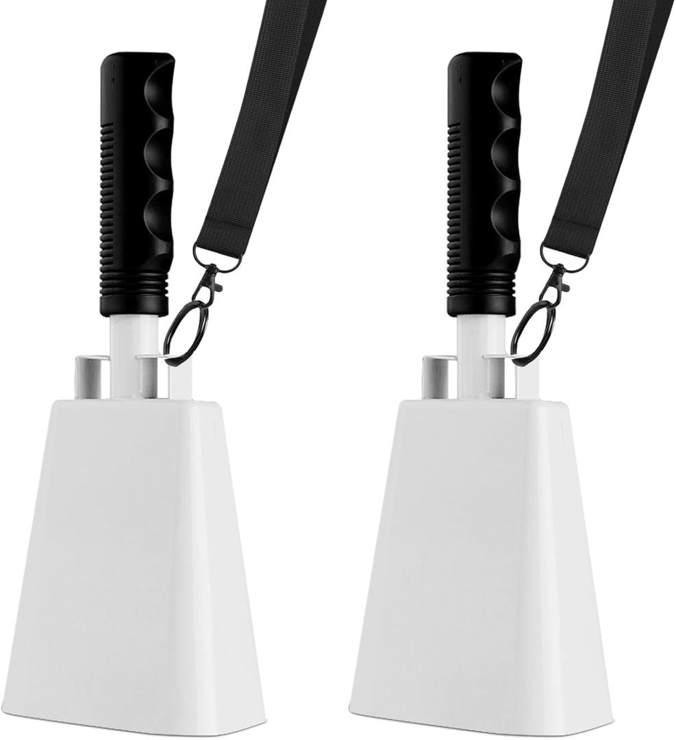 Cyrico Cow Bell, 2 Pack Cheering Cowbells for Sporting Events, 10 Inch Large Cow Bells Noise Makers, Solid White Steel Hand Bell Chimes Alarm for Football Games, School, Percussion Musical Instruments