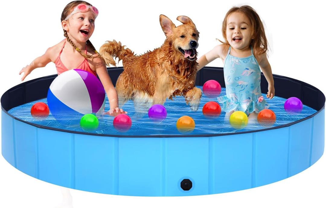 Foldable Dog Pool - 63" x 12" Anti-Slip Portable Dog Swimming Pool, Hard Plastic Collapsible Kiddie Pool for Outdoor and Indoor for Pets Dogs Cats and Kids (Blue)