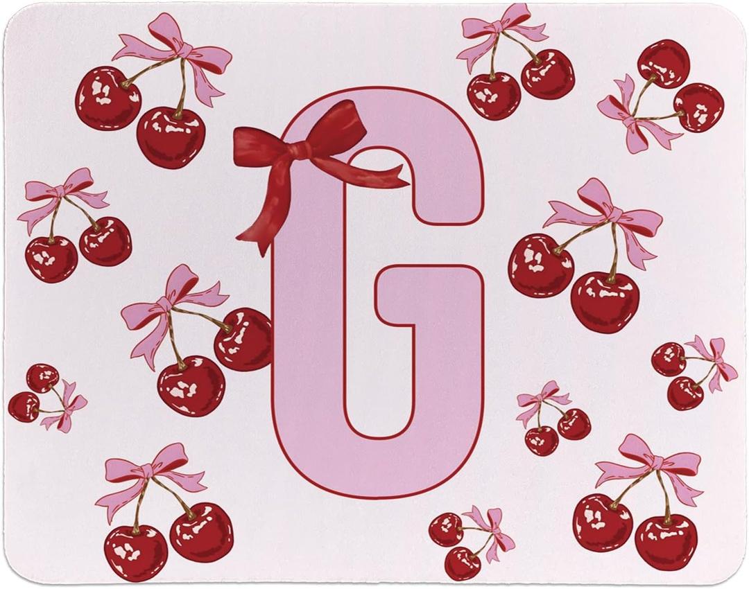 Rusenbao Cute Custom Cherry Mouse Pad, Cute Small Personalized Coquette Pink Bow Mouse Pad for Desk Women Girls, Customizable Initial Mousepads for Laptop, Computer, Office, 9.5x7.9 Inch(Letter G)
