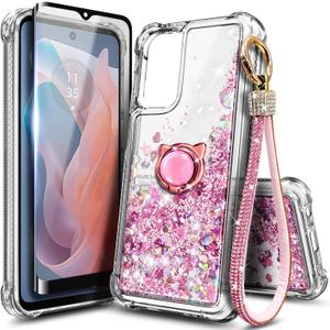 Compatible with Motorola Moto G-Stylus-5G-2024 Case, Rose Gold | Glitter Bling Sparkly Liquid Cute Phone Cover with Tempered Glass Screen Protector/Ring Holder/Diamond Wrist Strap Lanyard
