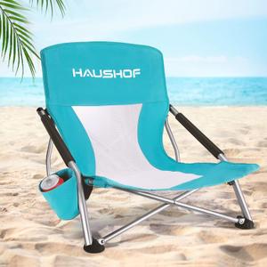 HAUSHOF Low Beach Chair, Mesh Back Folding Chair, Lightweight Low Seat Camping Chairs with Cup Holder, Carry Bag, Padded Armrest, for Outdoor Beach Lawn Camping Picnic Festival (25.5D x 22.4W x 23.6H in)
