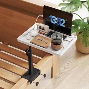 NiHome Height-Adjustable Bedside Shelf with Rotating Foldable Tray, Clip On Bed Side Tray Table, Overbed Table Fits Bed Frames 0.7"-2.7" Wide for Dorms, Apartments, Bedrooms, Dorm Essentials, White