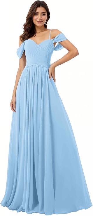 AZJINCOS Women A-Line Ruched Off-Shoulder Floor Length Chiffon Party Prom Formal Gown Bridesmaid Dresses Lightblue, L AZJINCOS Women A-Line Ruched Off-Shoulder Floor Length Chiffon Party Prom Formal Gown Bridesmaid Dresses Lightblue, L
