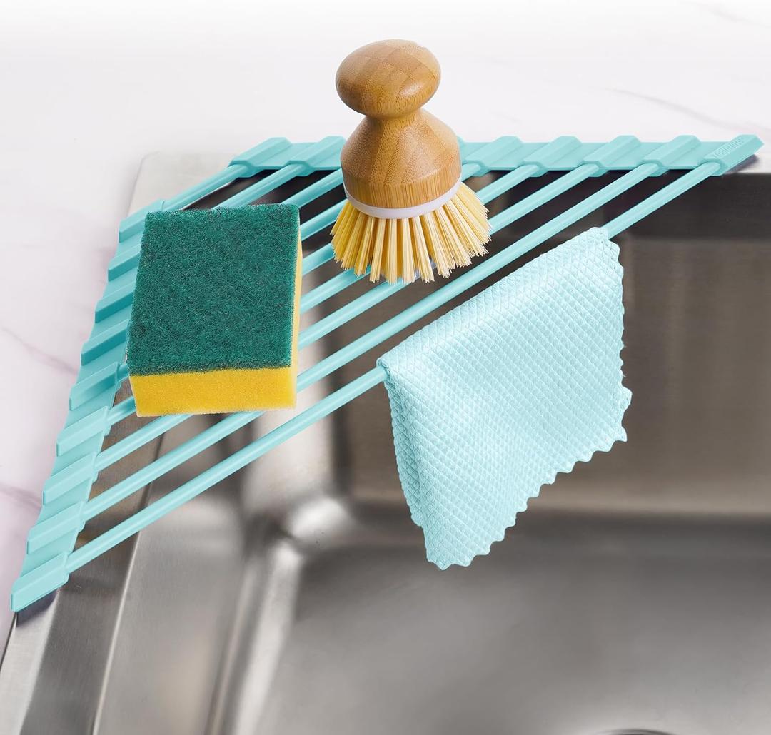 Tomorotec Compact Silicone-Coated Triangle Dish Drying Rack for Sink Corner - Foldable Stainless Steel Over-The-Sink Organizer and Storage Shelf (Mint Green)