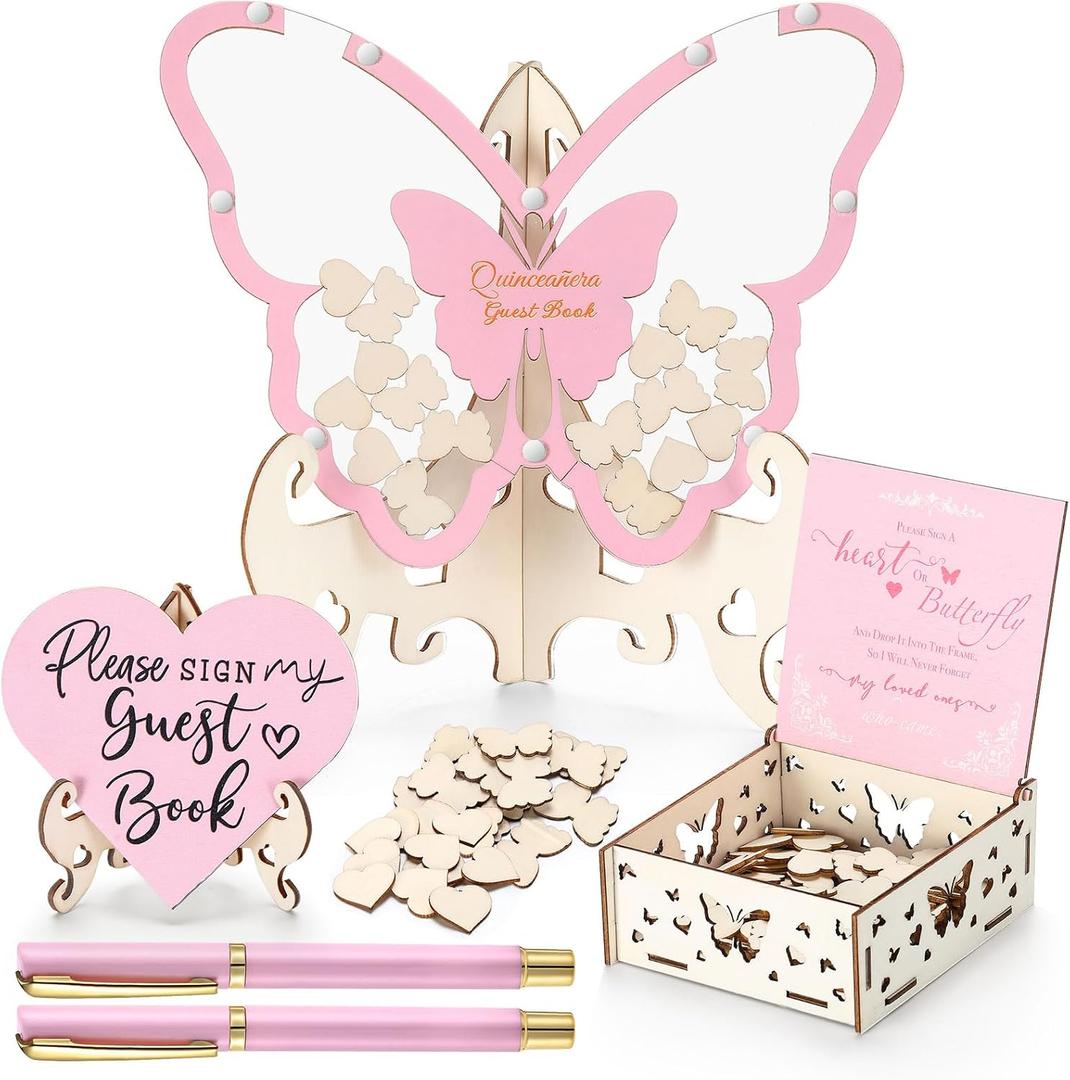 Weysat Pink Butterfly Quinceanera Wooden Guest Book Alternative Drop Box Alternative Special Gifts for Girls, Sweet 15th Birthday Decor, Quinceanera Birthday Party Sign Book for Guests