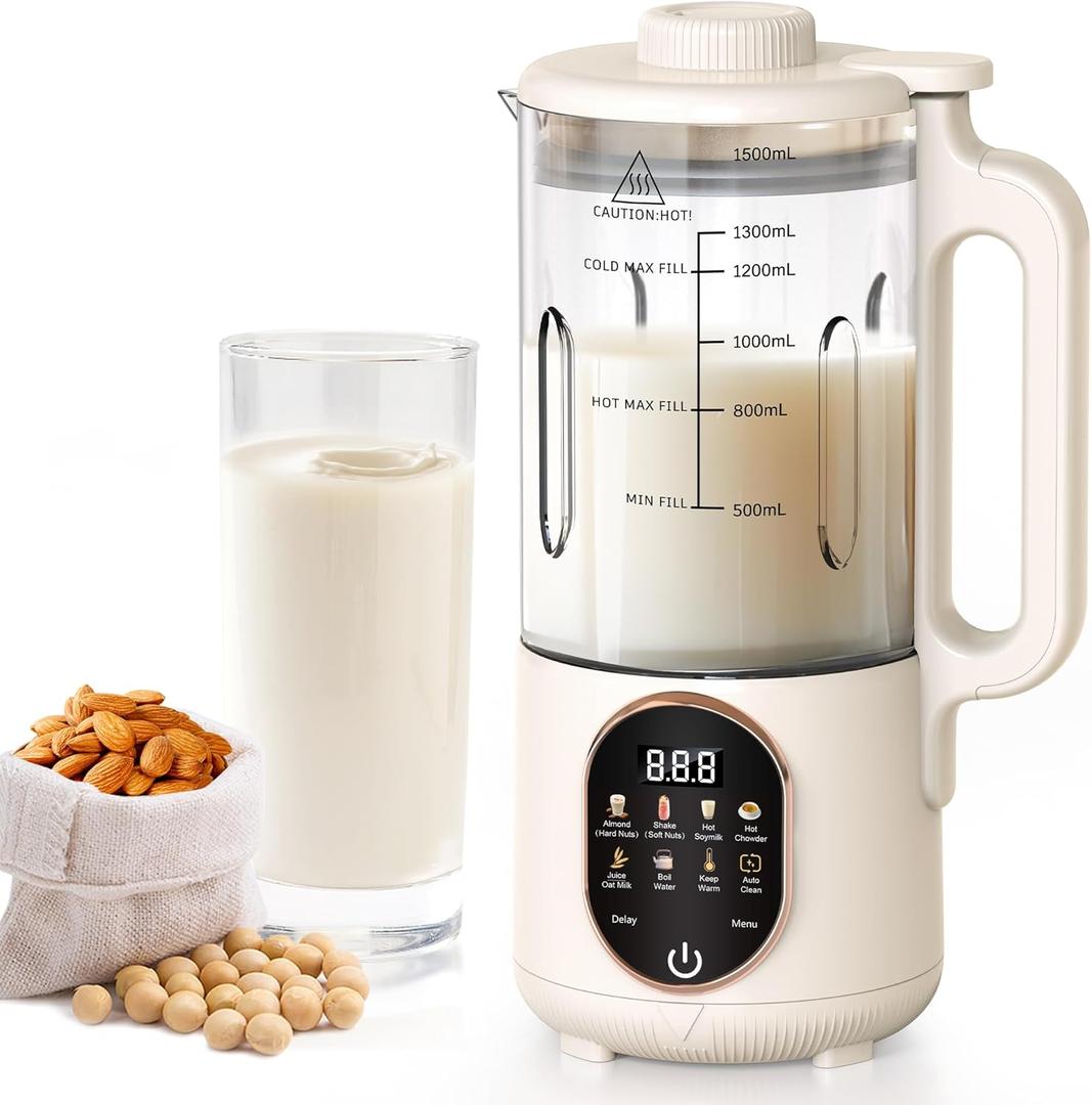 50oz Nut Milk Maker Machine, 10 in 1 Automatic Plant Based Milk Maker for Homemade Oat, Coconut, Chowder, Juice, Soy Milk with 20 Blades,Delay Start, Boil Water, Keep Warm & Auto Clean (White)