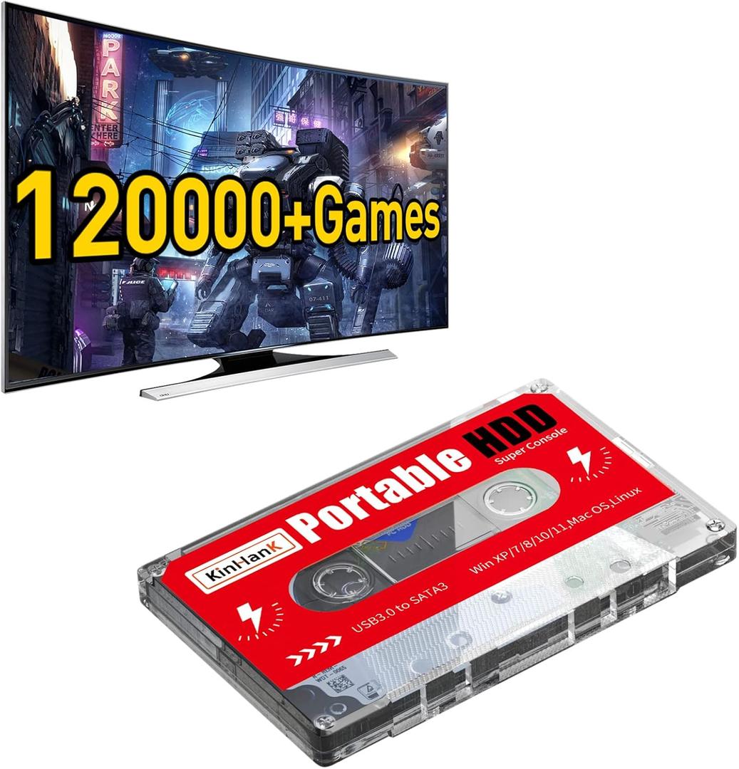 Kinhank 2TB Game Hard Drive, Built-in 120000+ Games, Batocera 33 System, External Hard Drive Compatible with Mac OS/Linux/Windows XP/7/8/10/11, Portable HDD, USB 3.0