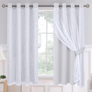 BGment Room Darkening Curtains with Sheer Overlay, Silver Printed Double Layer Curtains for Living Room, Grommet Thermal Insulated Curtains for Bedroom, 2 Panels Each 52 x 63 Inch, Greyish White