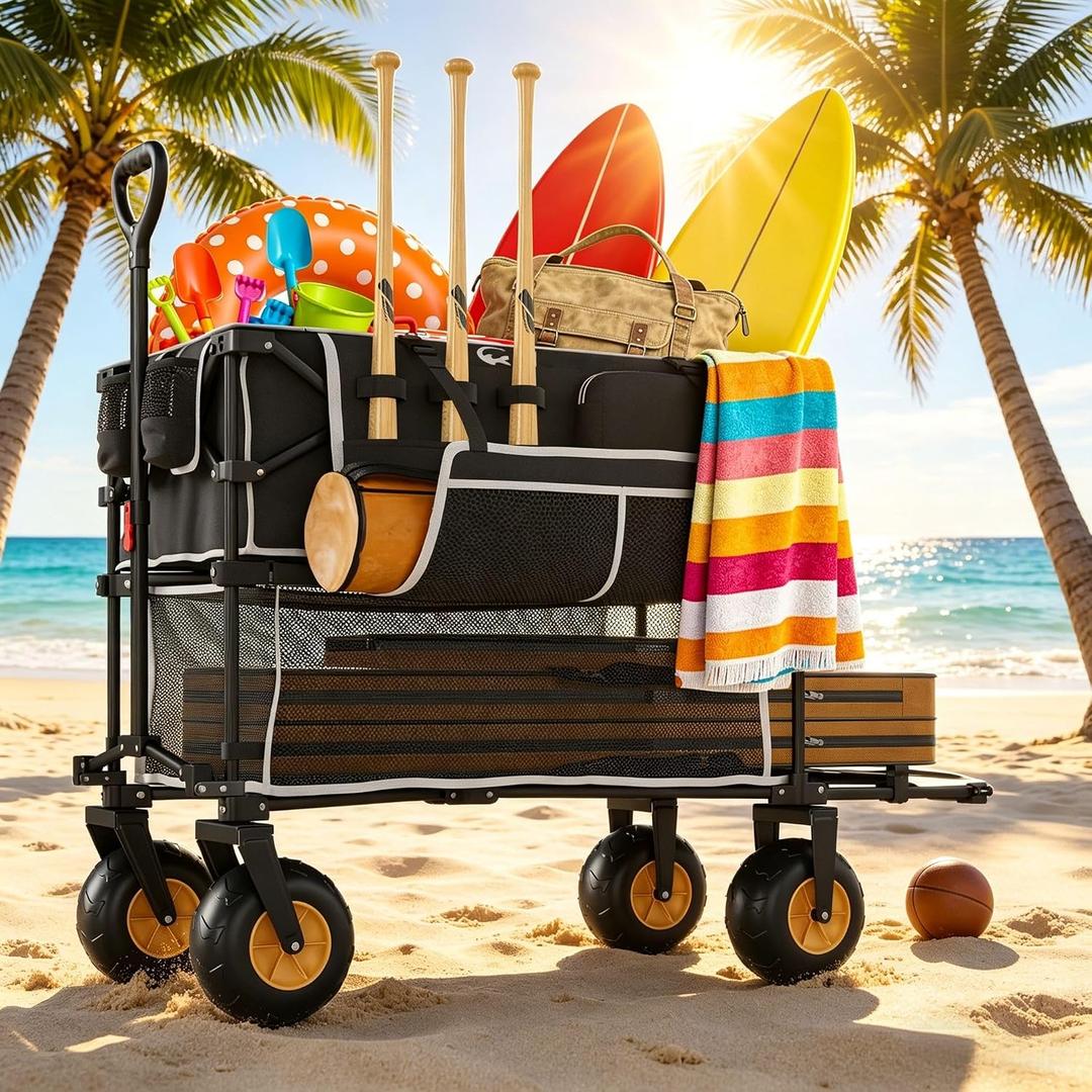 Beach Wagon with Big Wheels for Sand, Double-Layer, 9" PVC All-Terrain Wheel, 500 lb Load Capacity, Oversized 400L, for Beach, Camping, Garden & Outdoor Sports (Black)