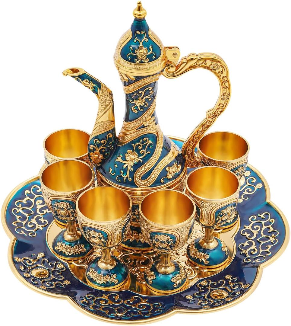 Turkish Tea Set with 6 Metal Cups, Blue Teapot and Wine Cup Collection, Russian Style Wedding Home Decor