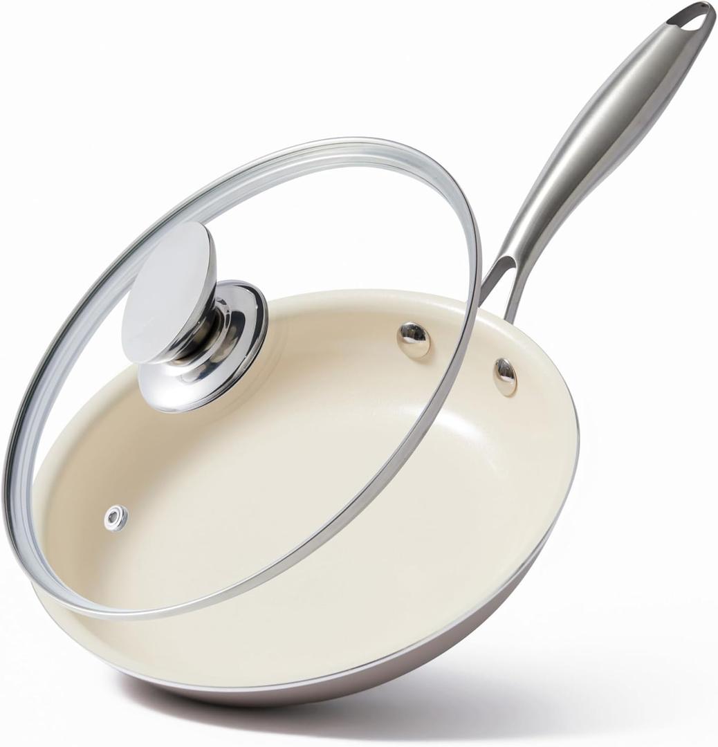 8.5 Inch Ceramic Nonstick Frying Pan with lid Skillet - PFAS-Free, Non-Toxic, Oven Safe & Induction Ready, Aluminum Cookware with Stainless Steel Handle