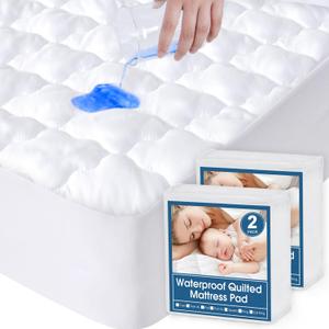 Pack of 2 Queen Mattress Protector Pad Waterproof Quilted, Soft & Cooling Queen Size Mattress Protector Cover Fitted with Deep Pocket up to 14", (White)