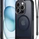 RMOCR for iPhone 15 Pro Case with Screen Protector+Lanyard Wrist Strap,Magnetic Translucent Matte Rugged Slim Phone Cover Built in Invisible Kickstand [Fit for MagSafe],Black