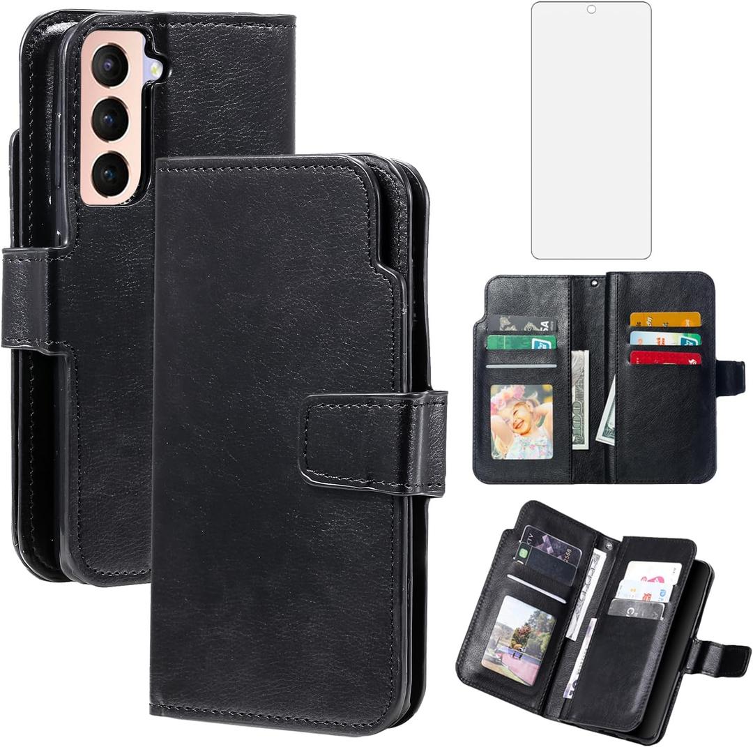 Asuwish Phone Case for Samsung Galaxy S21 FE 5G Wallet Cover With Tempered Glass Screen Protector Flip Credit Card Holder Slot Stand Purse Cell S 21 EF S21FE5G UW S21FE 21S G5 6.4 inch Women Men Black